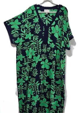 STAN HERMAN BLUE GREEN FLORAL V-NECK SHORT SLEEVE MAXI MUMU CAFTAN DRESS 1X - 4x